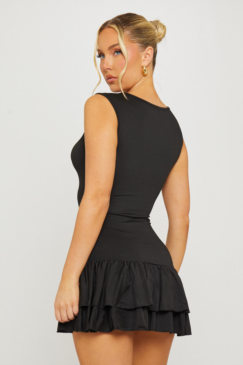 Black Sleeveless Drop Waist Ruffle Hem Mini Dress