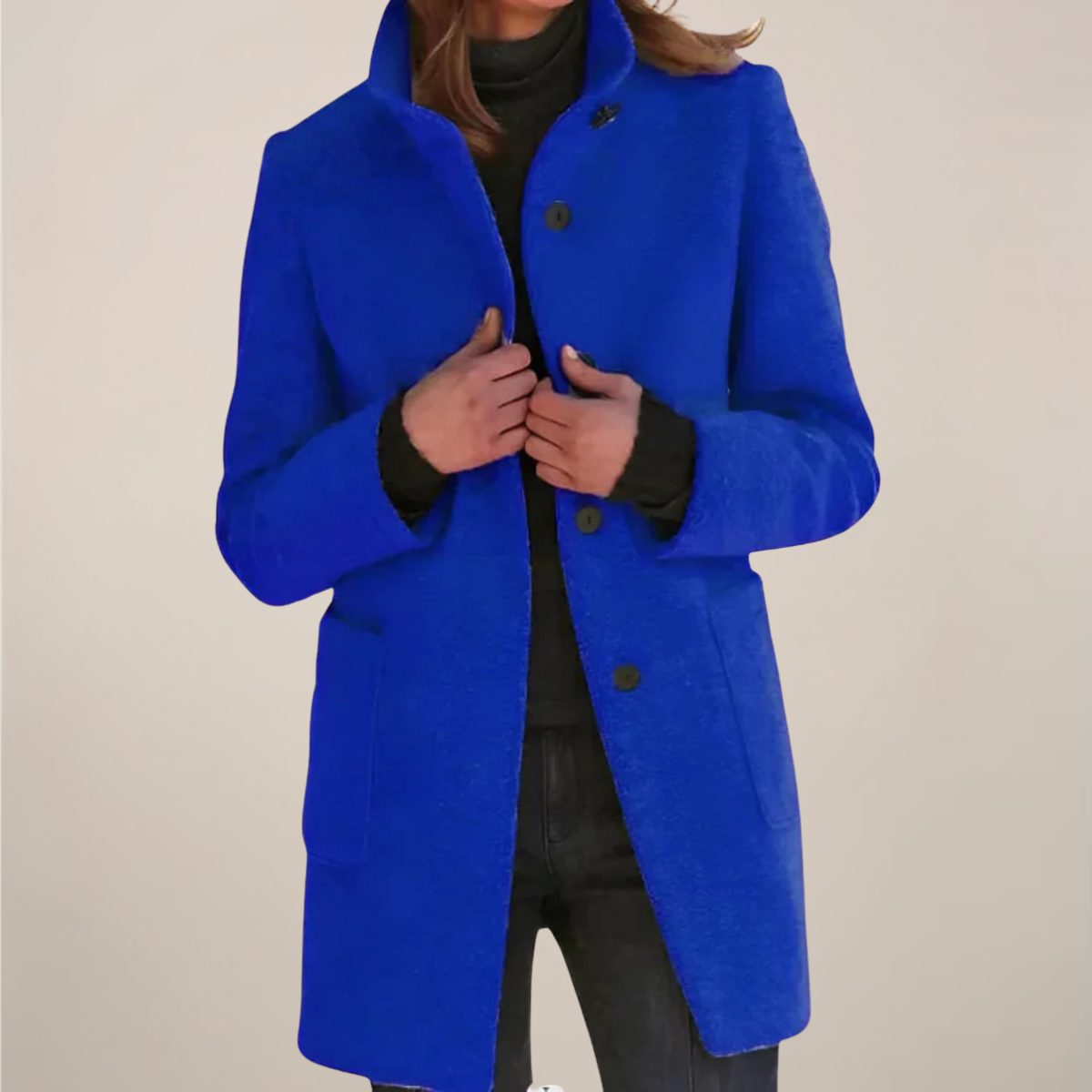 Women’s Long Coat – Grey, Single-Breasted, Stand Collar
