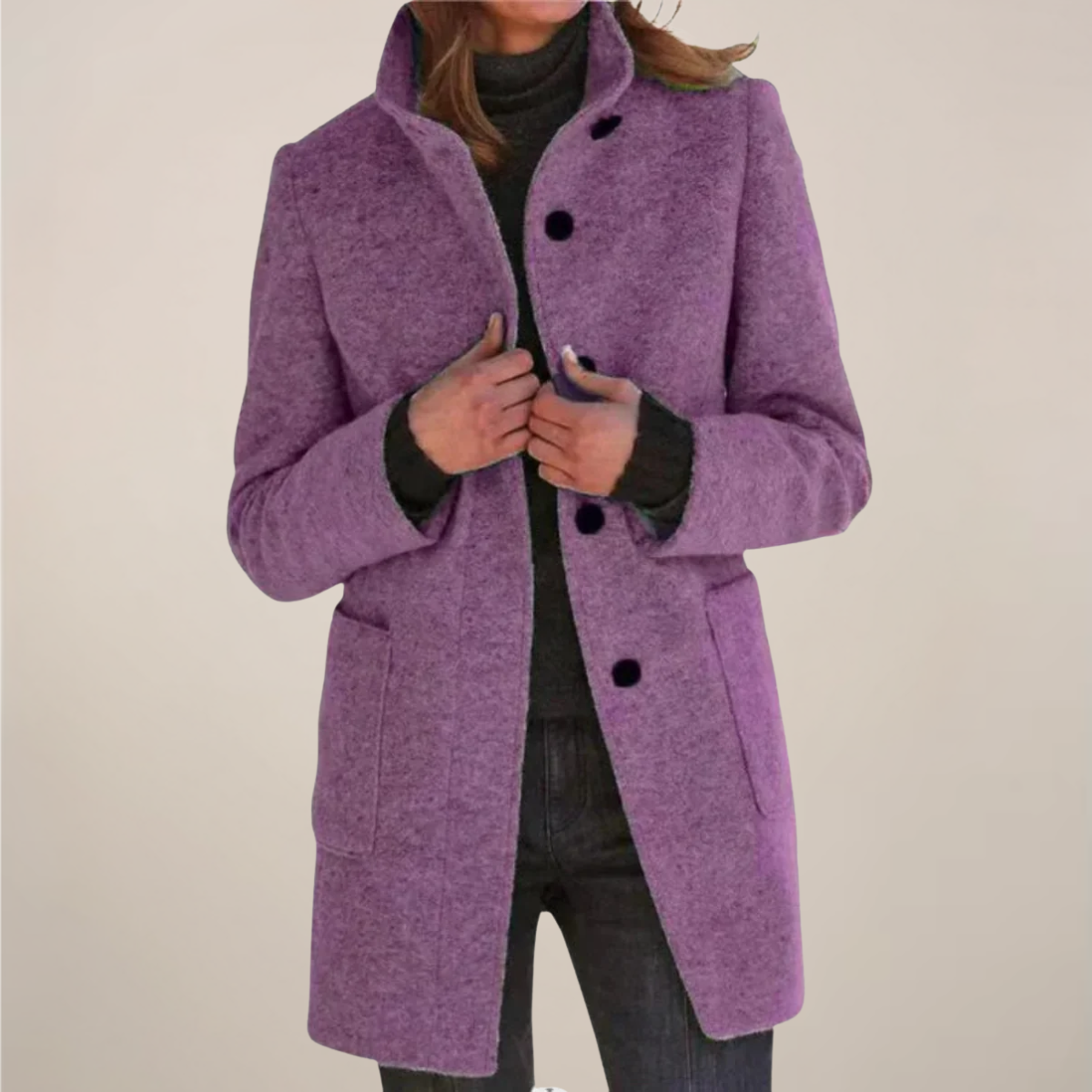 Women’s Long Coat – Grey, Single-Breasted, Stand Collar