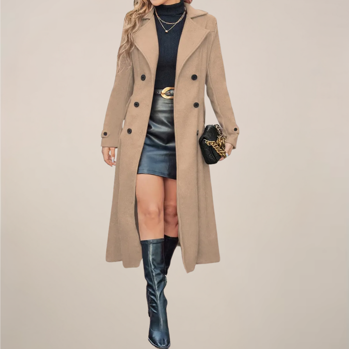 Women’s Double-Breasted Long Overcoat – Tailored Lapel Design for Autumn & Winter