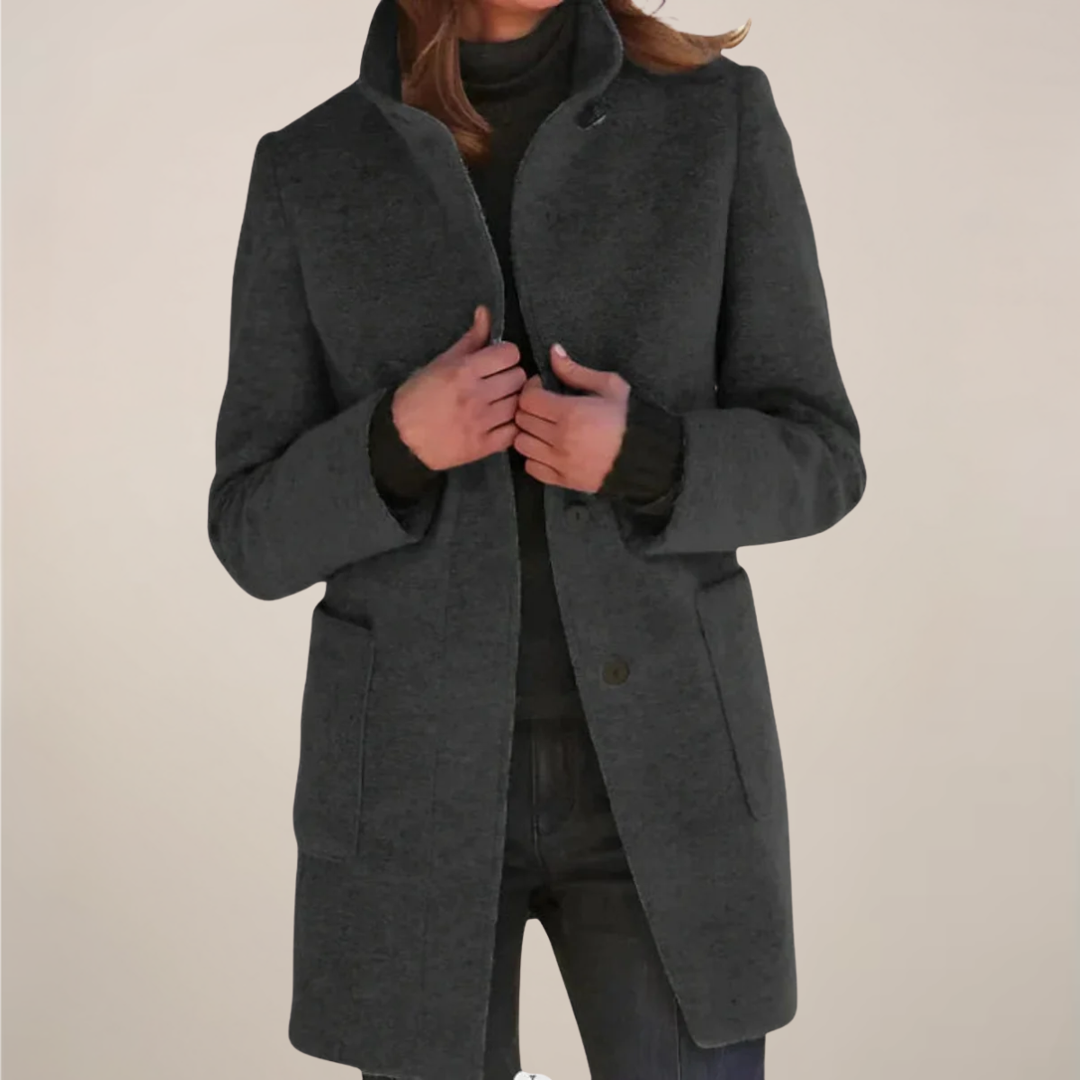 Women’s Long Coat – Grey, Single-Breasted, Stand Collar