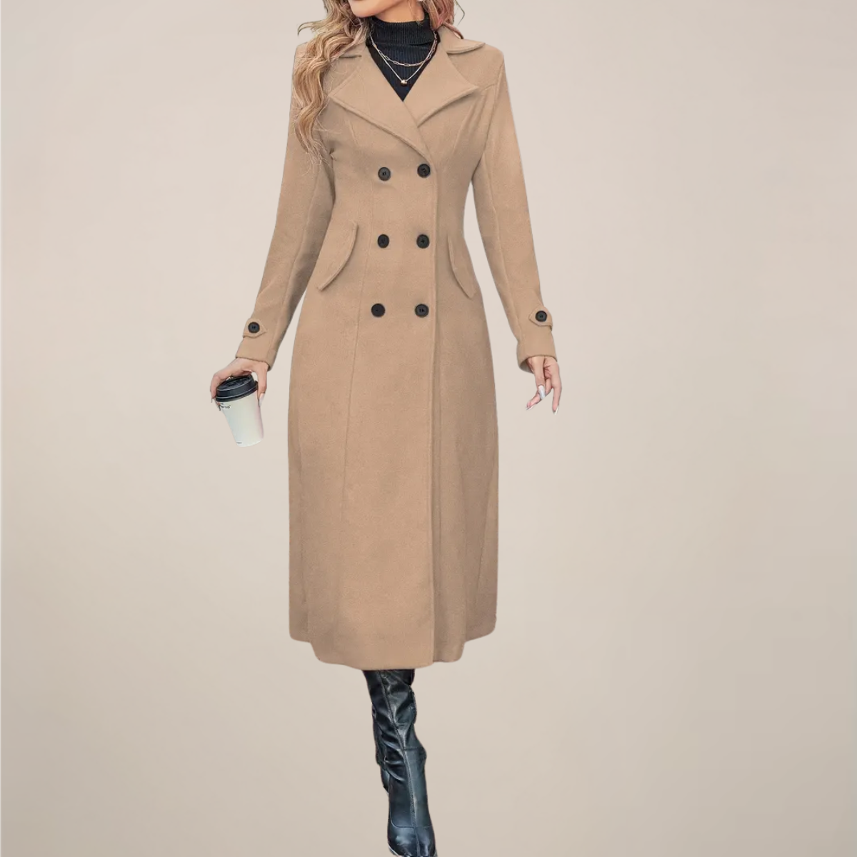 Women’s Double-Breasted Long Overcoat – Tailored Lapel Design for Autumn & Winter