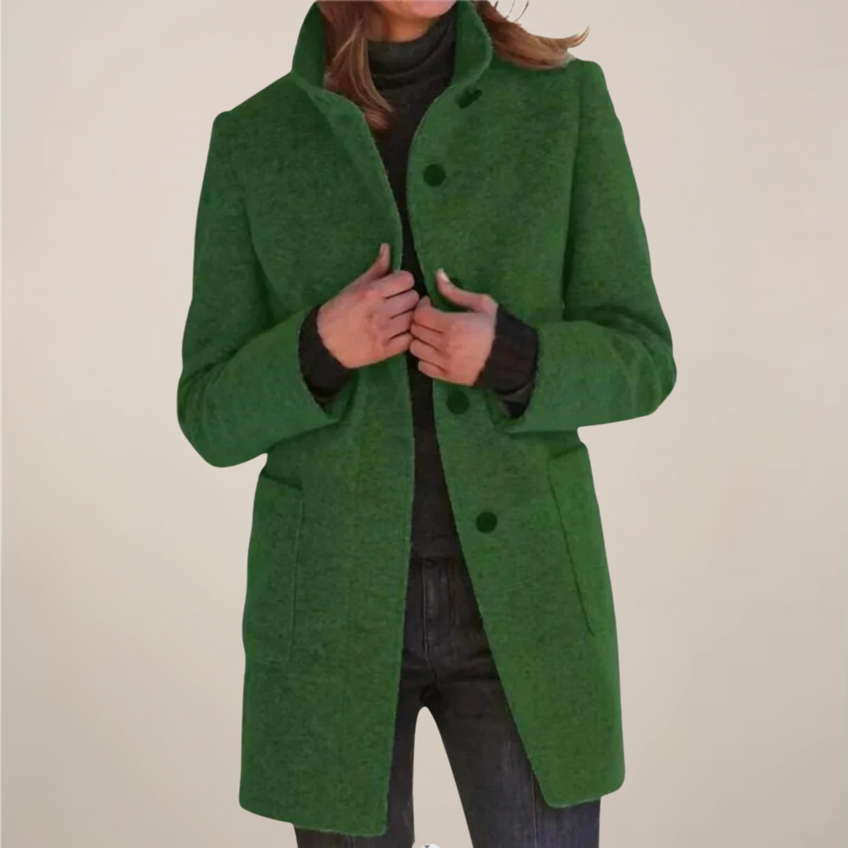 Women’s Long Coat – Grey, Single-Breasted, Stand Collar