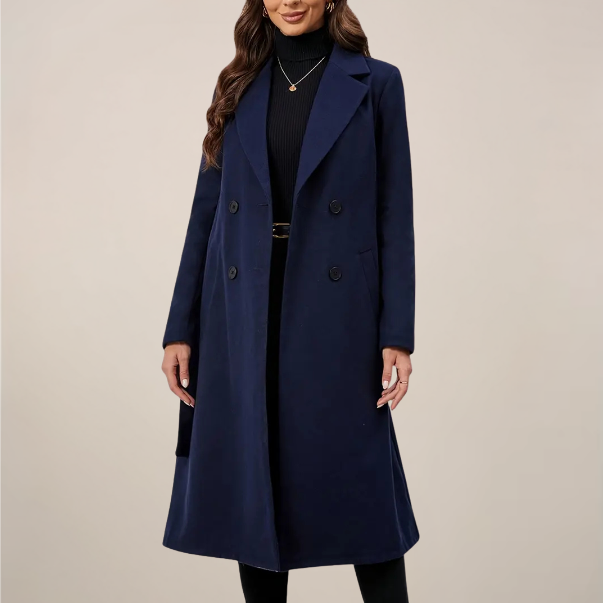 Women’s Double-Breasted Long Overcoat – Belted Tailored Fit for Autumn & Winter