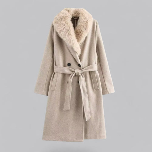 Women’s Beige Double-Breasted Trench Coat with Faux Fur Collar – Belted Longline Design