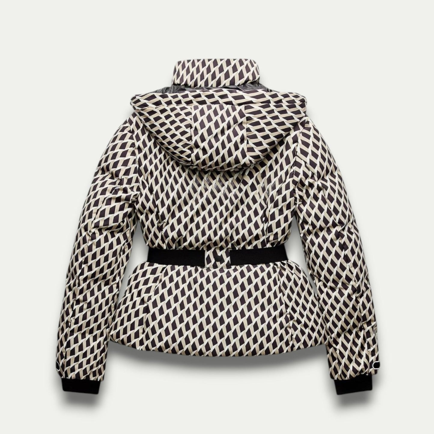 Women’s Beige Patterned Puffer Jacket – Belted, Water-Resistant, Insulated