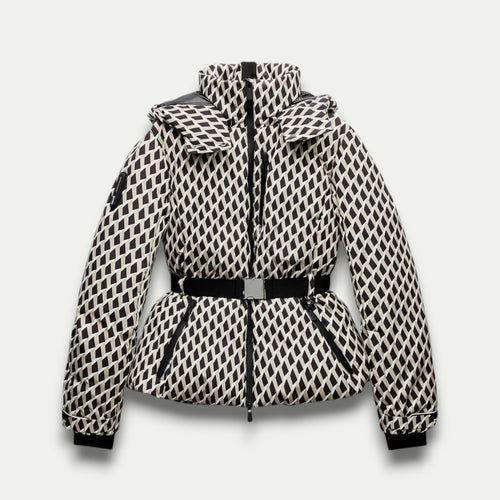 Women’s Beige Patterned Puffer Jacket – Belted, Water-Resistant, Insulated