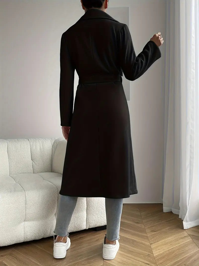 Women’s Belted Long Overcoat – Minimalist Lapel Design for Fall & Winter