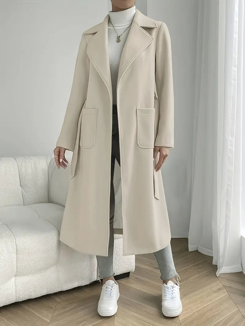 Women’s Belted Long Overcoat – Minimalist Lapel Design for Fall & Winter