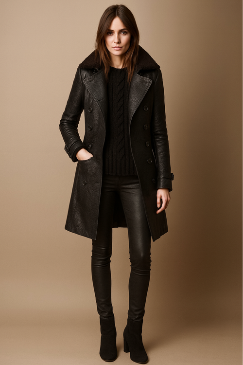 Women’s Black Leather-Look Trenchcoat – Belted, Double-Breasted