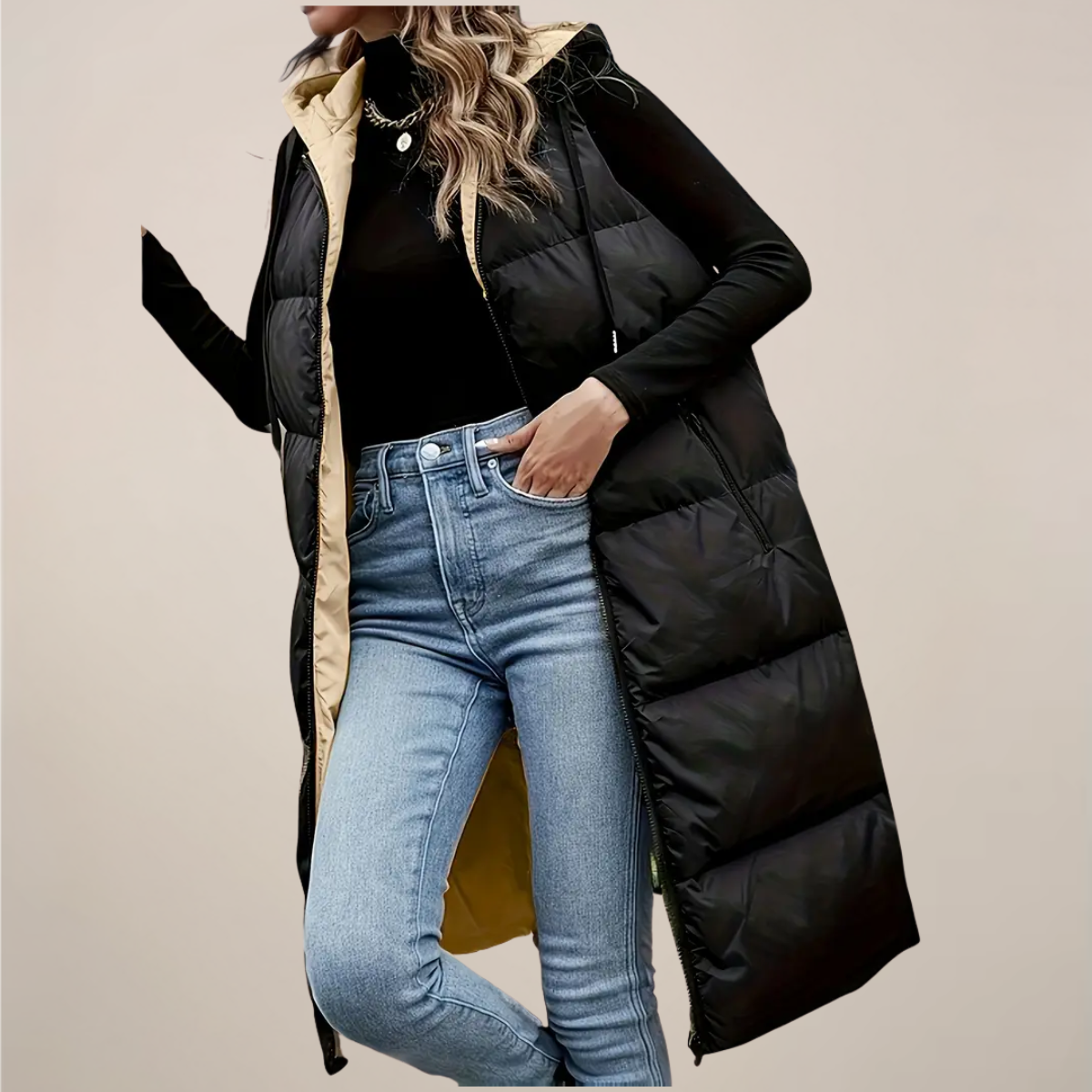 Women’s Black Longline Puffer Gilet – Hooded, Zip Front, Zipped Pockets
