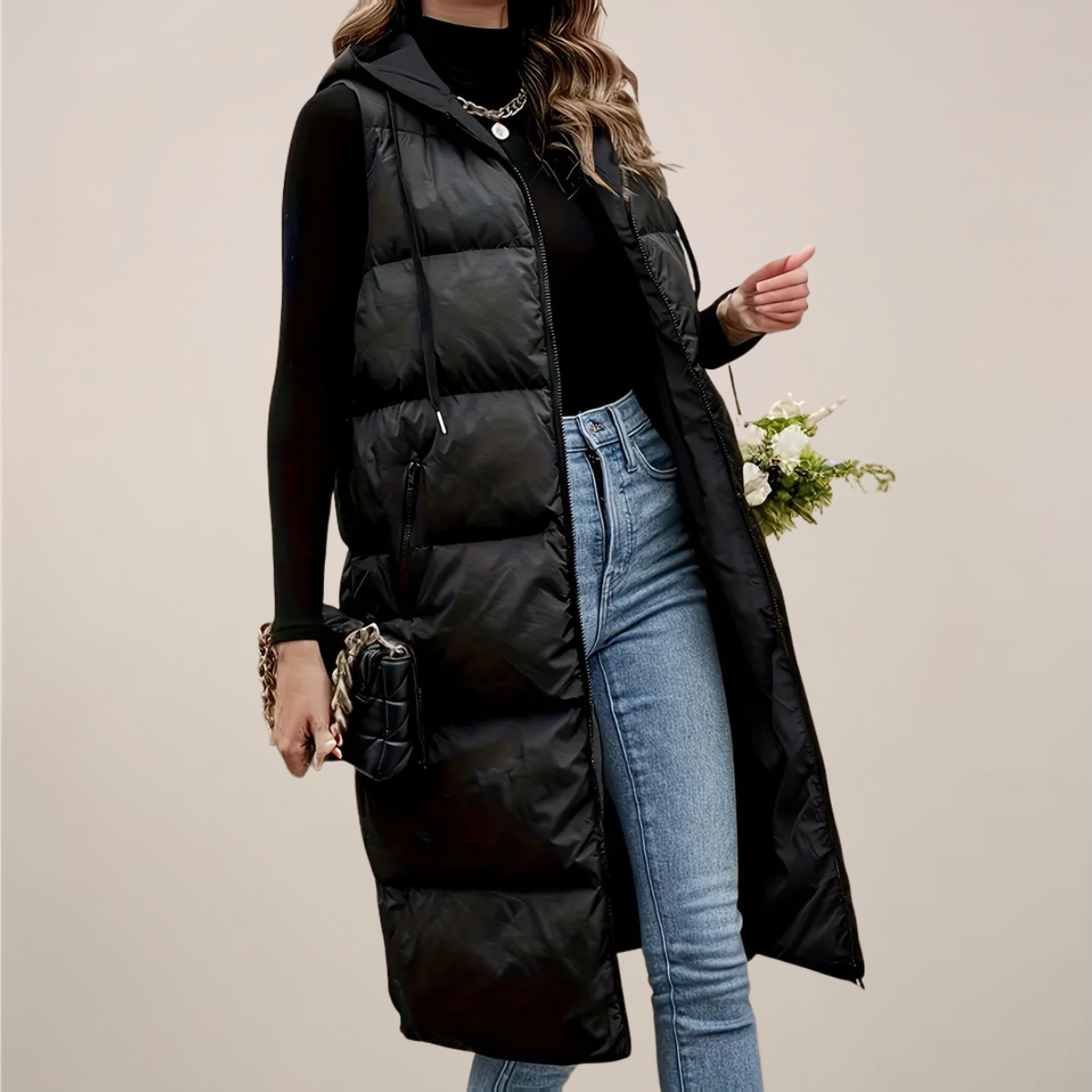 Women’s Black Longline Puffer Gilet – Hooded, Zip Front, Zipped Pockets