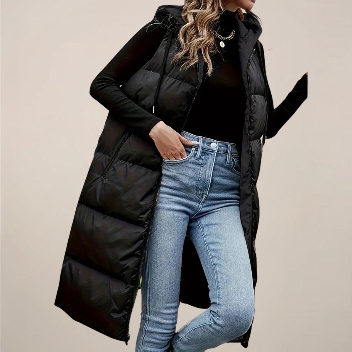 Women’s Black Longline Puffer Gilet – Hooded, Zip Front, Zipped Pockets