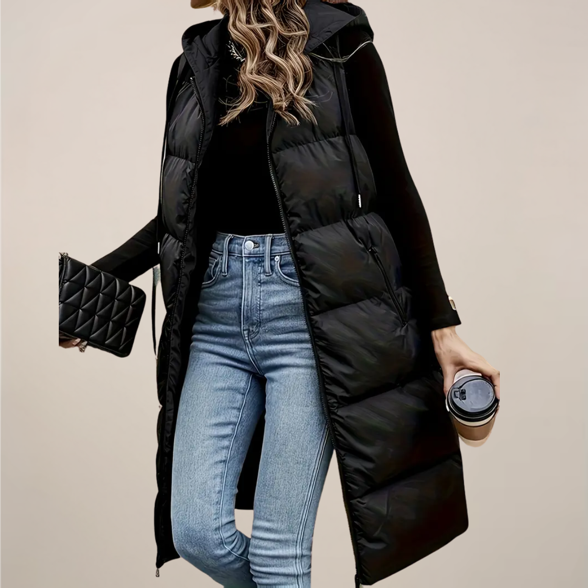 Women’s Black Longline Puffer Gilet – Hooded, Zip Front, Zipped Pockets