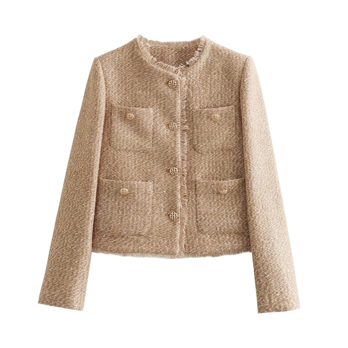 Women’s Blazer Jacket – Collarless, Gold Buttons, Four Pockets