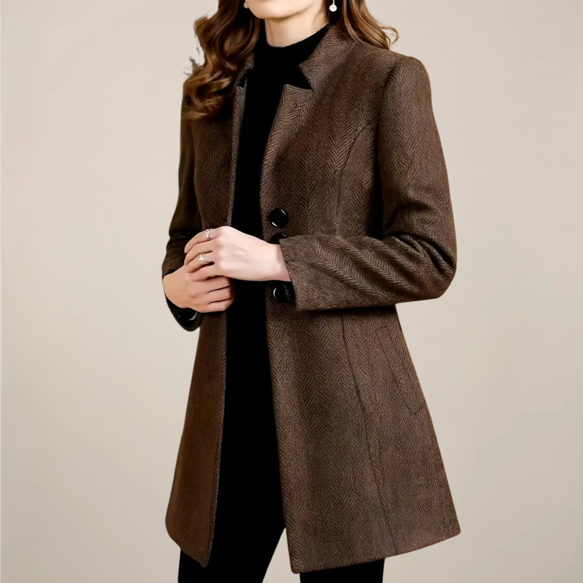 Women’s Brown Tweed Coat – Elegant Tailored Fit for Autumn & Winter