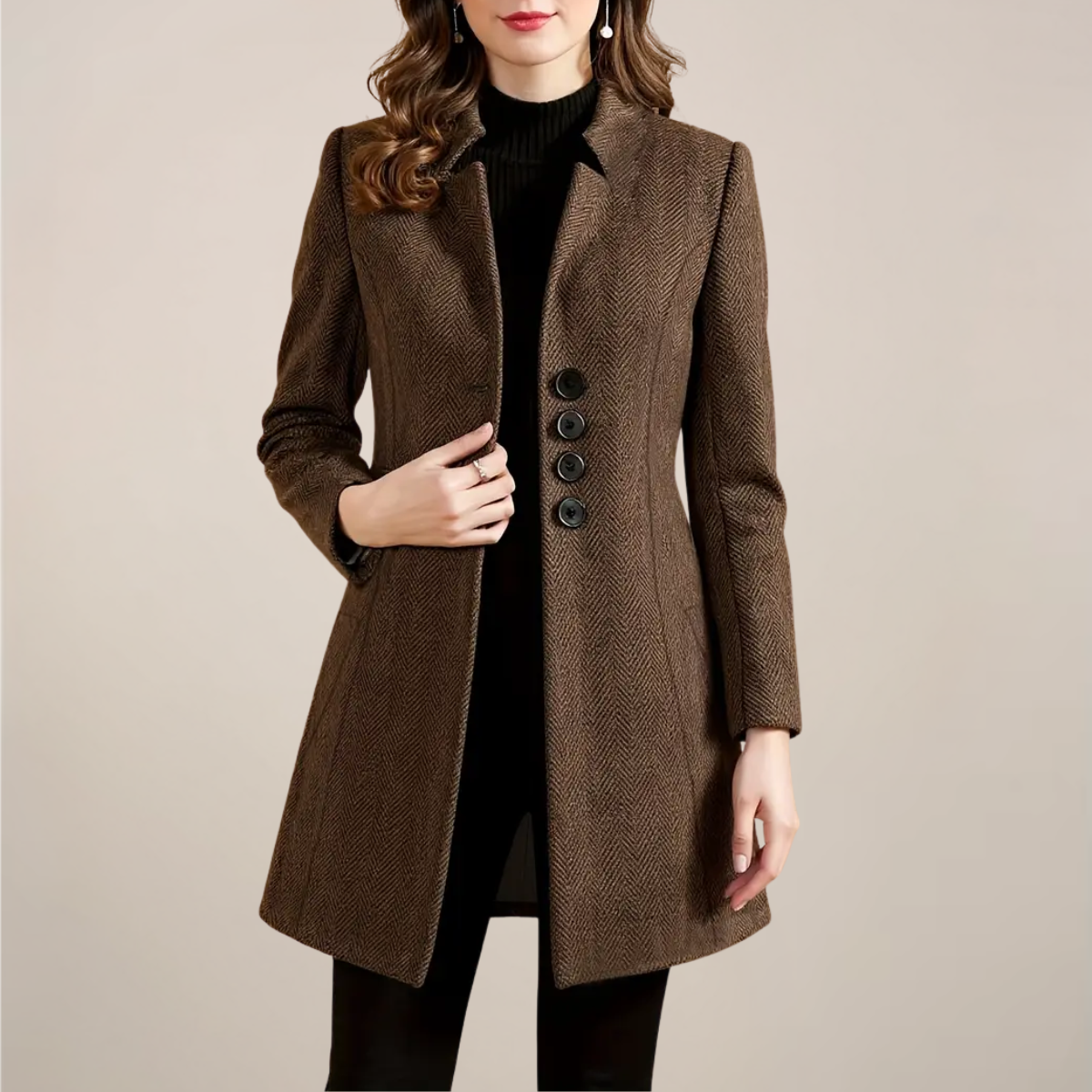 Women’s Brown Tweed Coat – Elegant Tailored Fit for Autumn & Winter