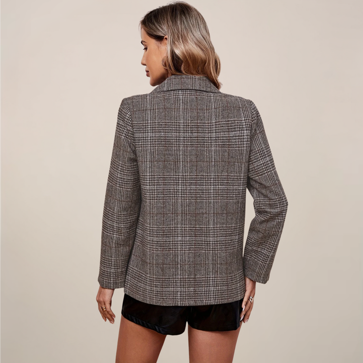 Women’s Checked Blazer – Notch Lapel, Single-Breasted, Longline