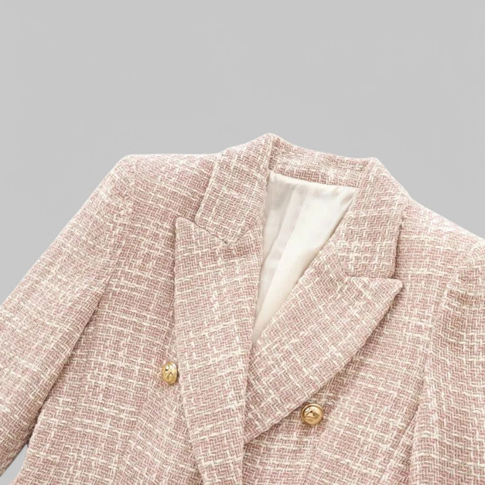 Women's Classic Double-Breasted Pink Tweed Blazer