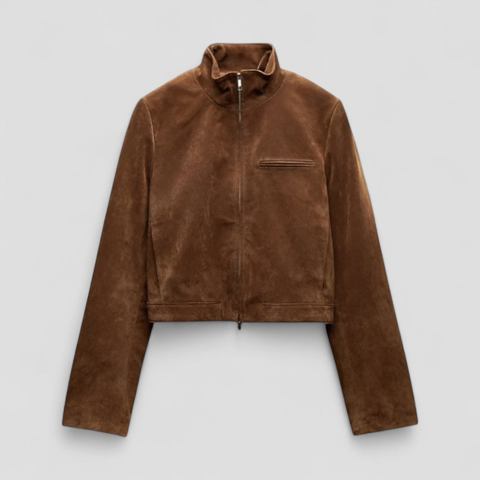 Women’s Cropped Suede-Style Jacket with Zip Detail