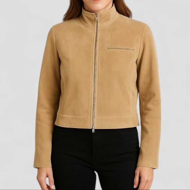 Women’s Cropped Suede-Style Jacket with Zip Detail