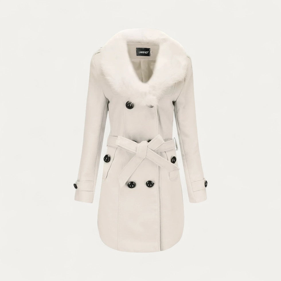 Women’s Double-Breasted Belted Trench Coat with Faux Fur Collar