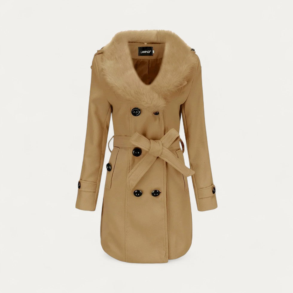 Women’s Double-Breasted Belted Trench Coat with Faux Fur Collar