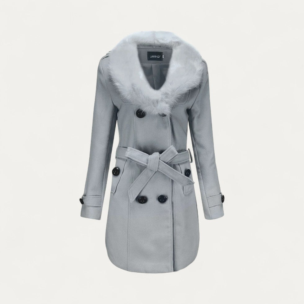 Women’s Double-Breasted Belted Trench Coat with Faux Fur Collar