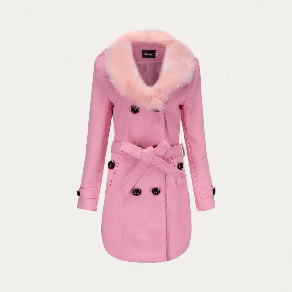 Women’s Double-Breasted Belted Trench Coat with Faux Fur Collar