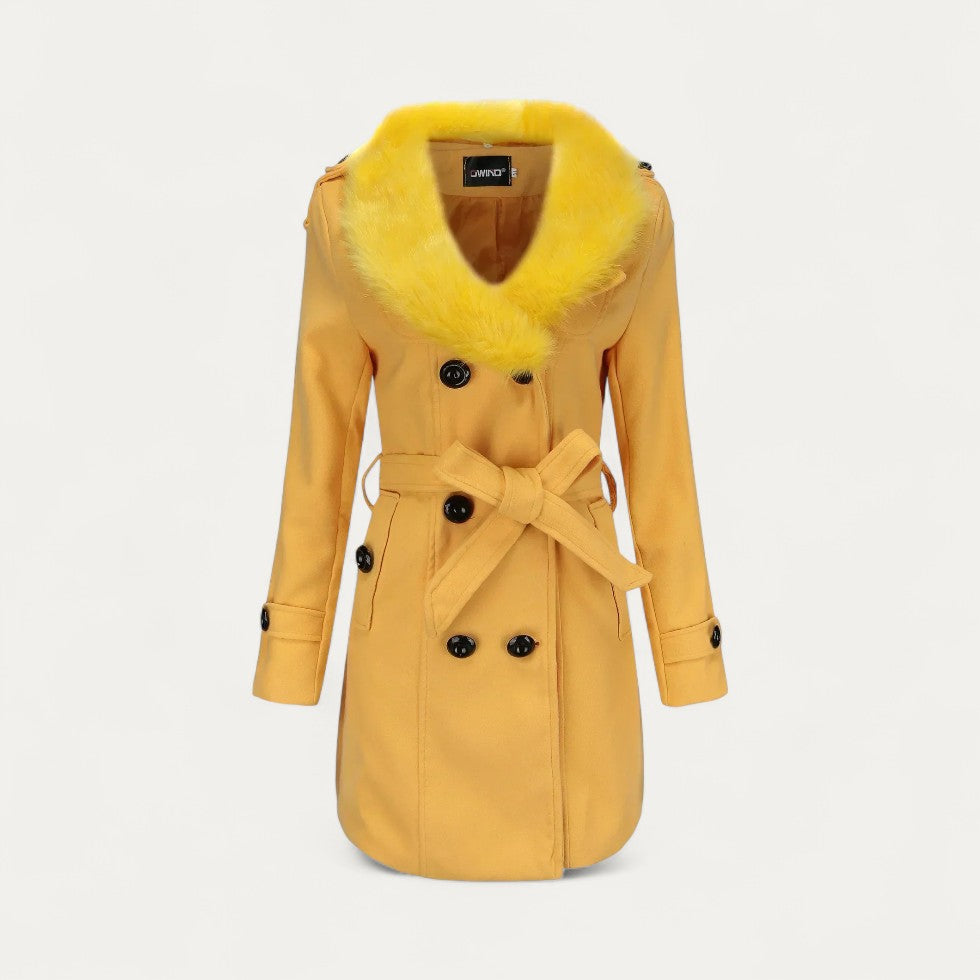 Women’s Double-Breasted Belted Trench Coat with Faux Fur Collar