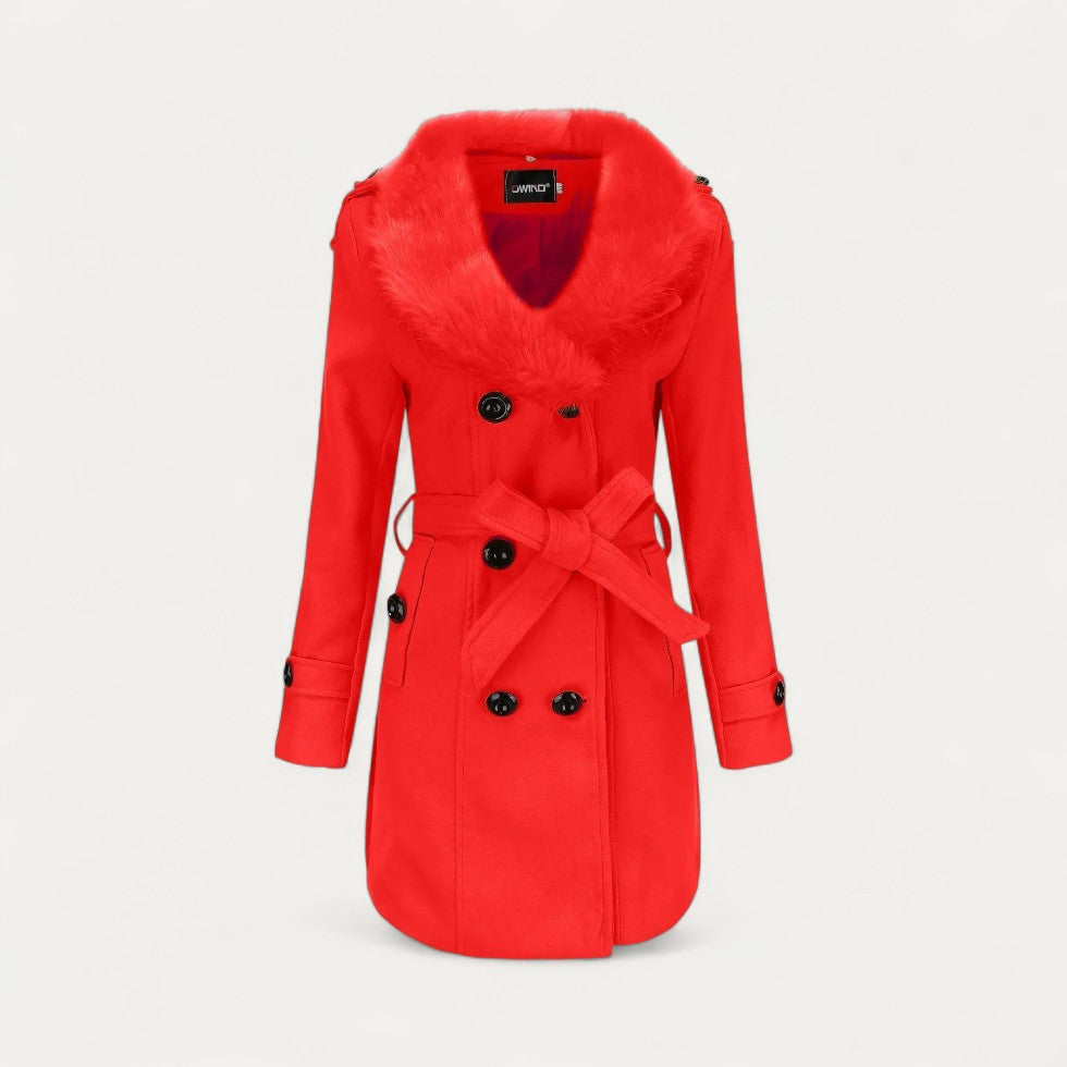 Women’s Double-Breasted Belted Trench Coat with Faux Fur Collar
