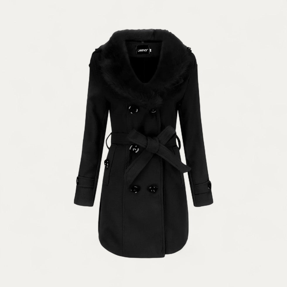 Women’s Double-Breasted Belted Trench Coat with Faux Fur Collar
