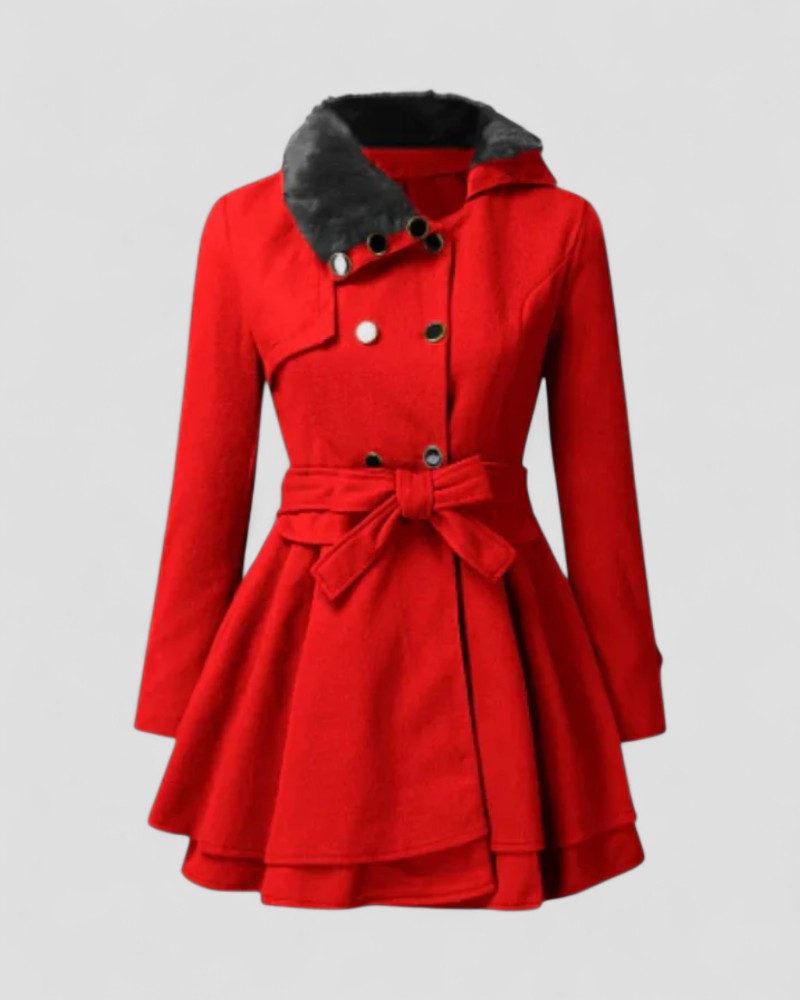 Women’s Double-Breasted Belted Winter Coat – Fur Collar Elegance