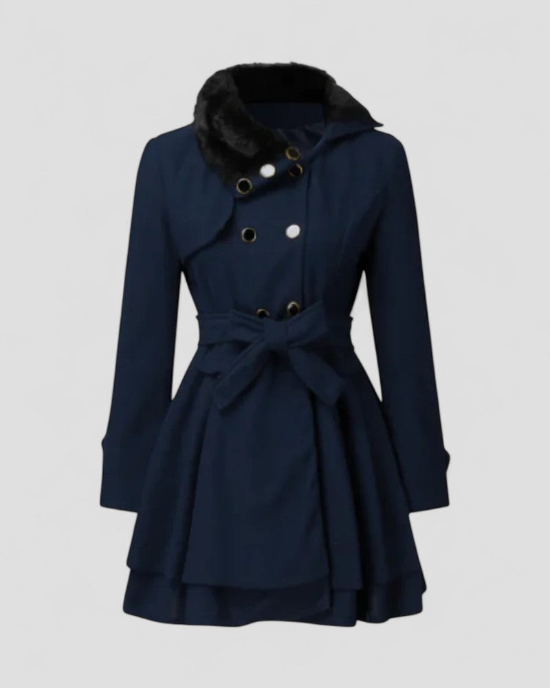 Women’s Double-Breasted Belted Winter Coat – Fur Collar Elegance