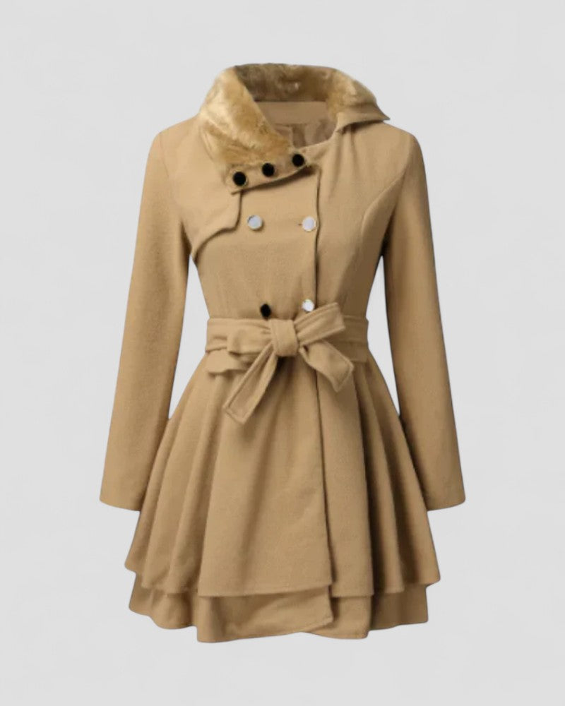 Women’s Double-Breasted Belted Winter Coat – Fur Collar Elegance