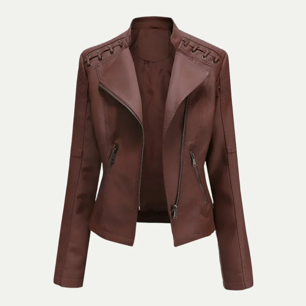 Women’s Leather Jacket – Asymmetric Zip & Quilted Shoulder Detail