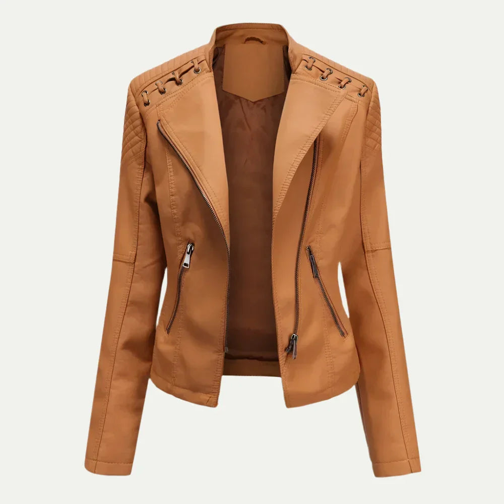 Women’s Leather Jacket – Asymmetric Zip & Quilted Shoulder Detail