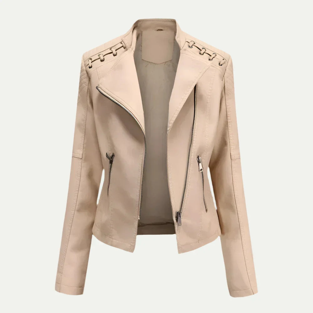 Women’s Leather Jacket – Asymmetric Zip & Quilted Shoulder Detail