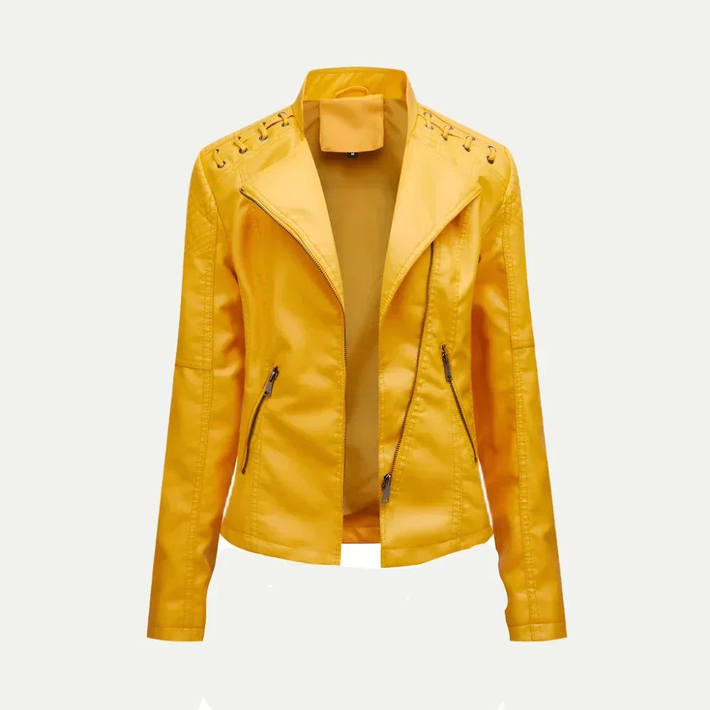 Women’s Leather Jacket – Asymmetric Zip & Quilted Shoulder Detail