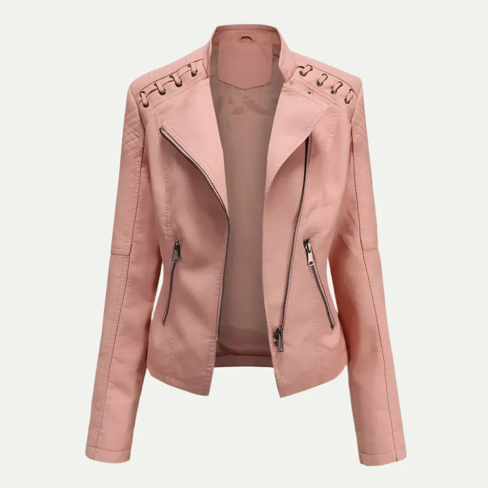 Women’s Leather Jacket – Asymmetric Zip & Quilted Shoulder Detail