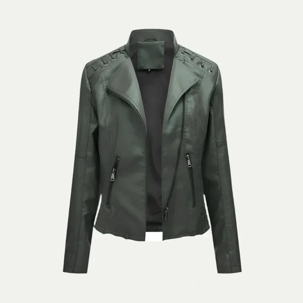 Women’s Leather Jacket – Asymmetric Zip & Quilted Shoulder Detail