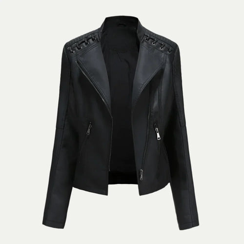 Women’s Leather Jacket – Asymmetric Zip & Quilted Shoulder Detail