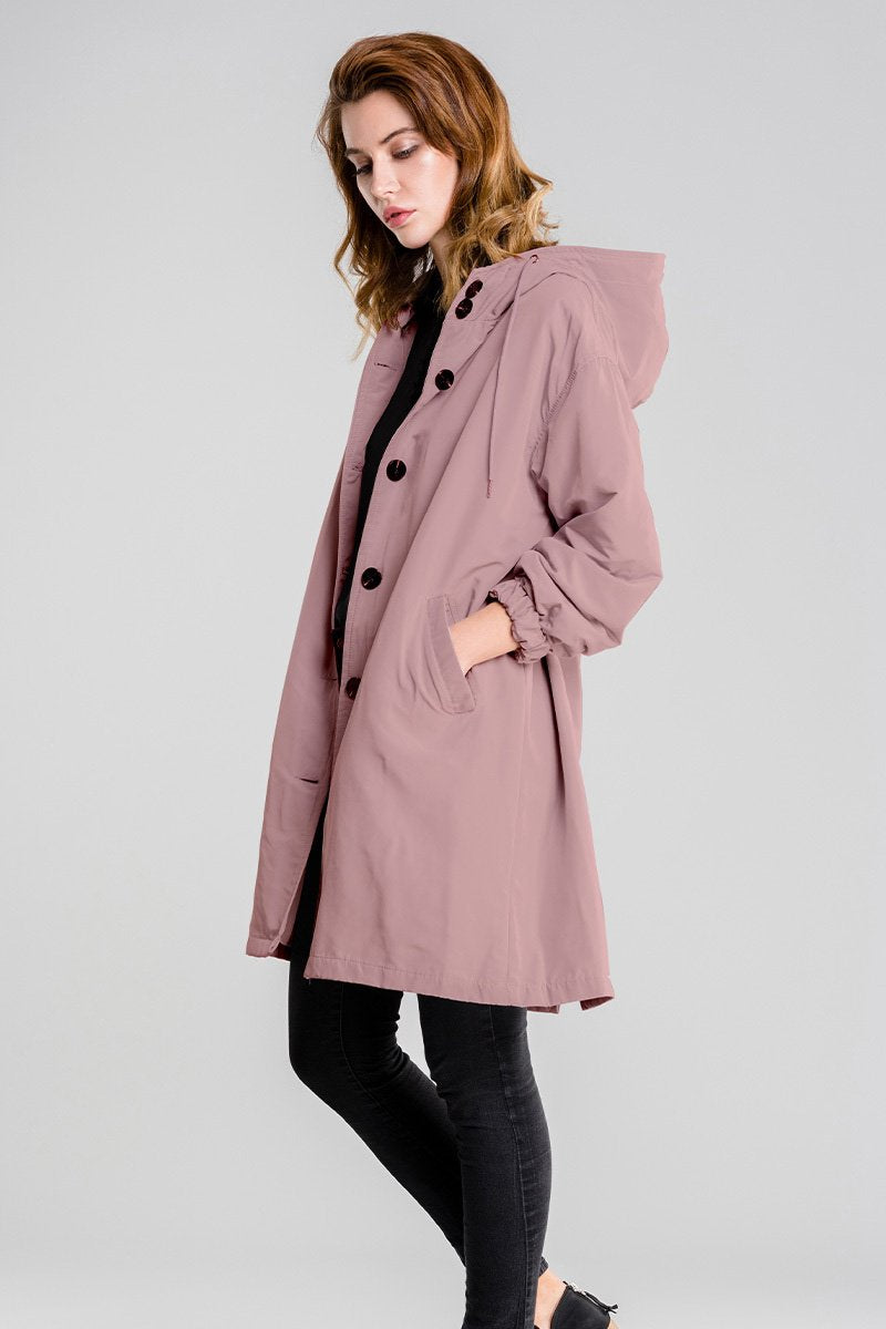 Women’s Lightweight Hooded Coat – Casual Longline Button-Up Jacket