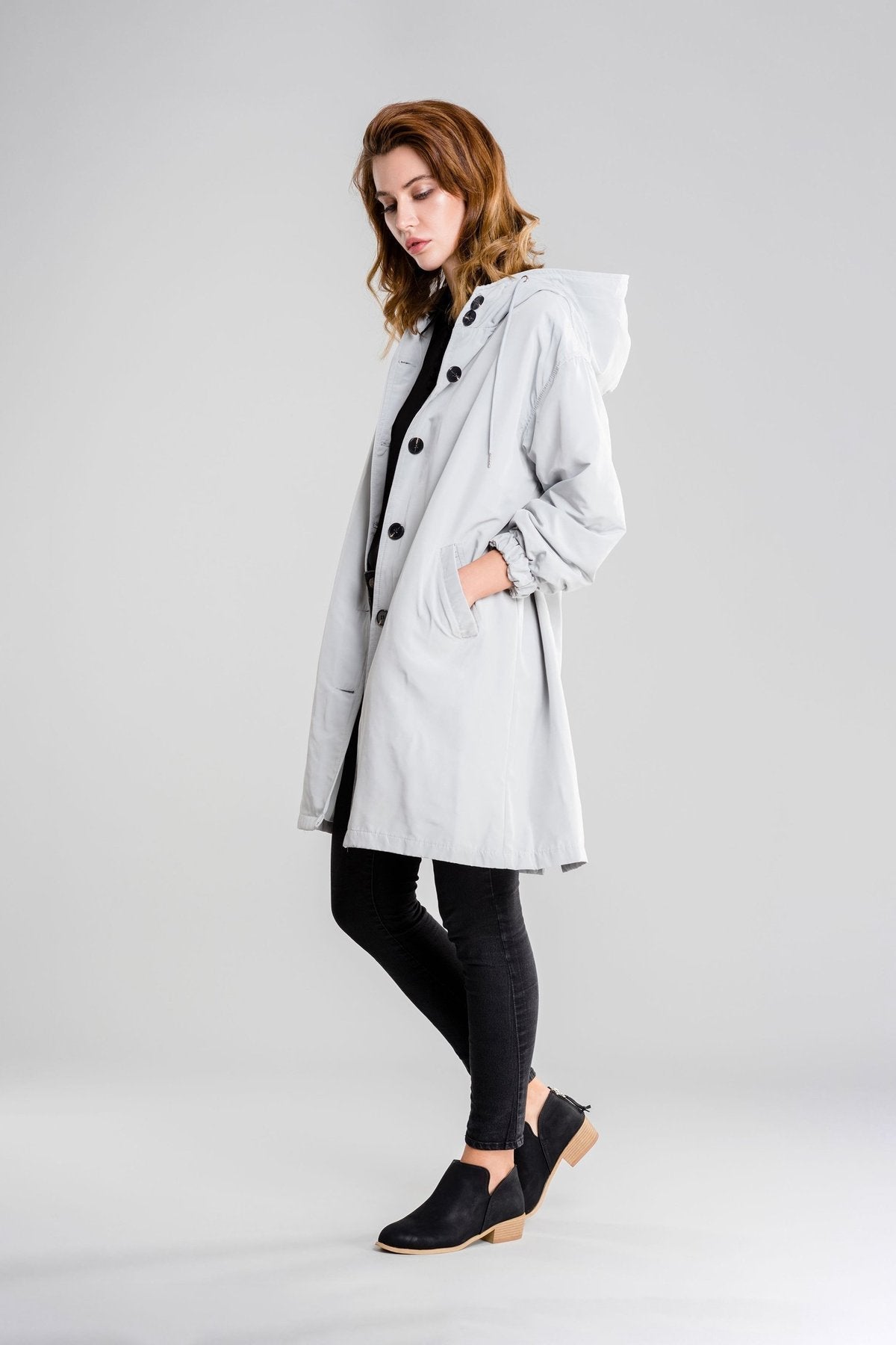Women’s Lightweight Hooded Coat – Casual Longline Button-Up Jacket