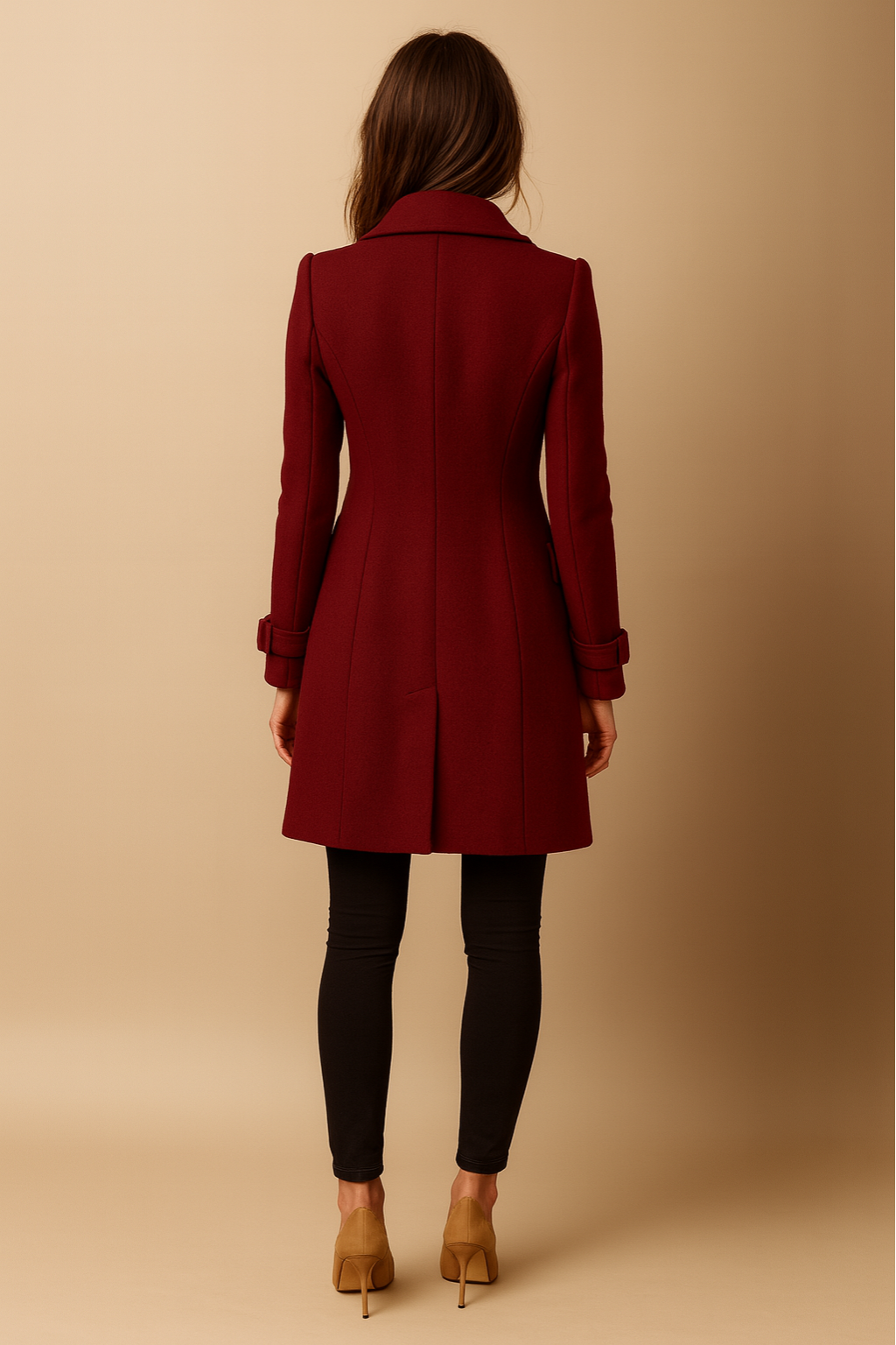 Women’s Long Coat – Double-Breasted, Mid-Length, Classic Collar