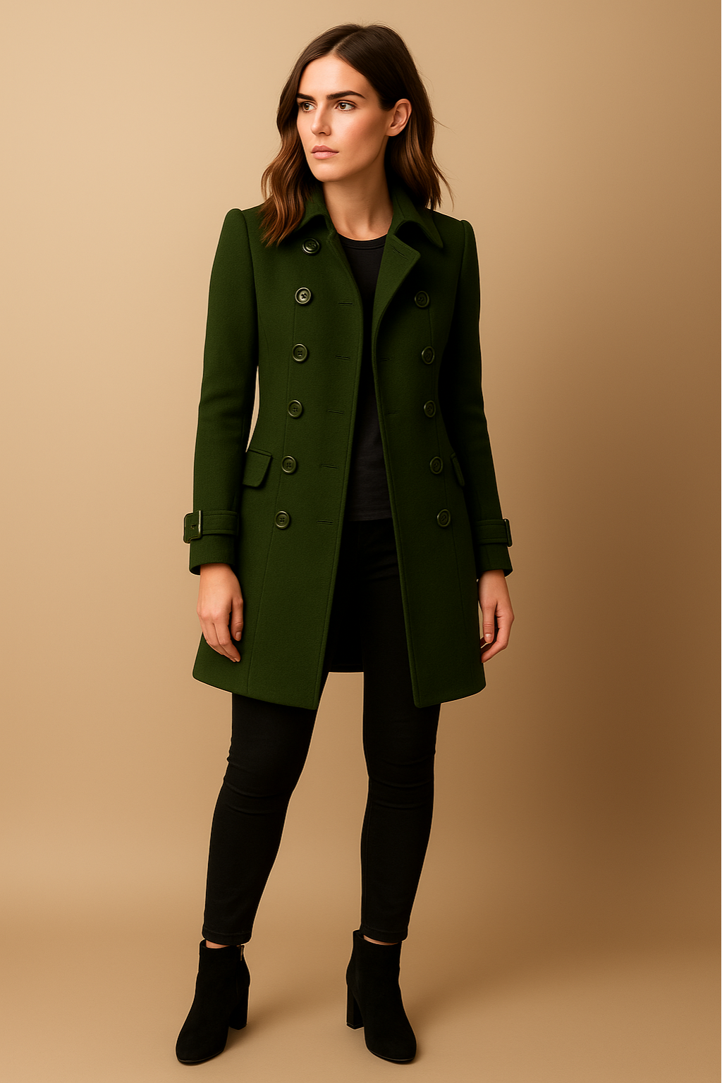Women’s Long Coat – Double-Breasted, Mid-Length, Classic Collar