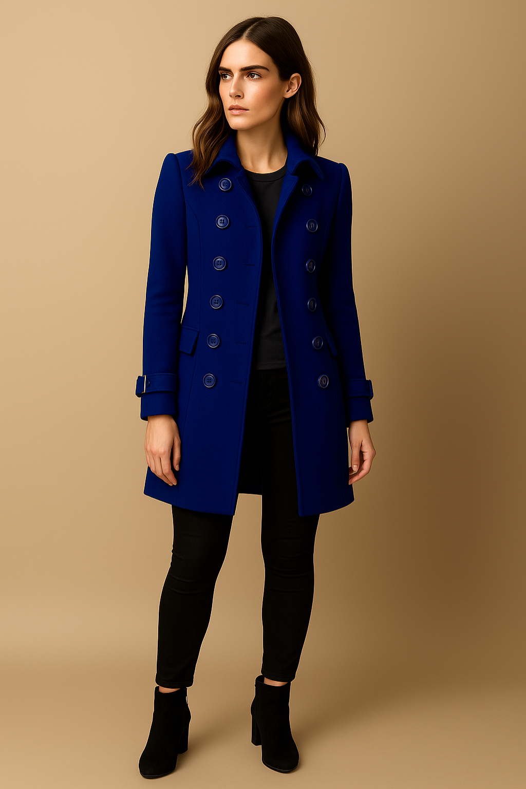 Women’s Long Coat – Double-Breasted, Mid-Length, Classic Collar