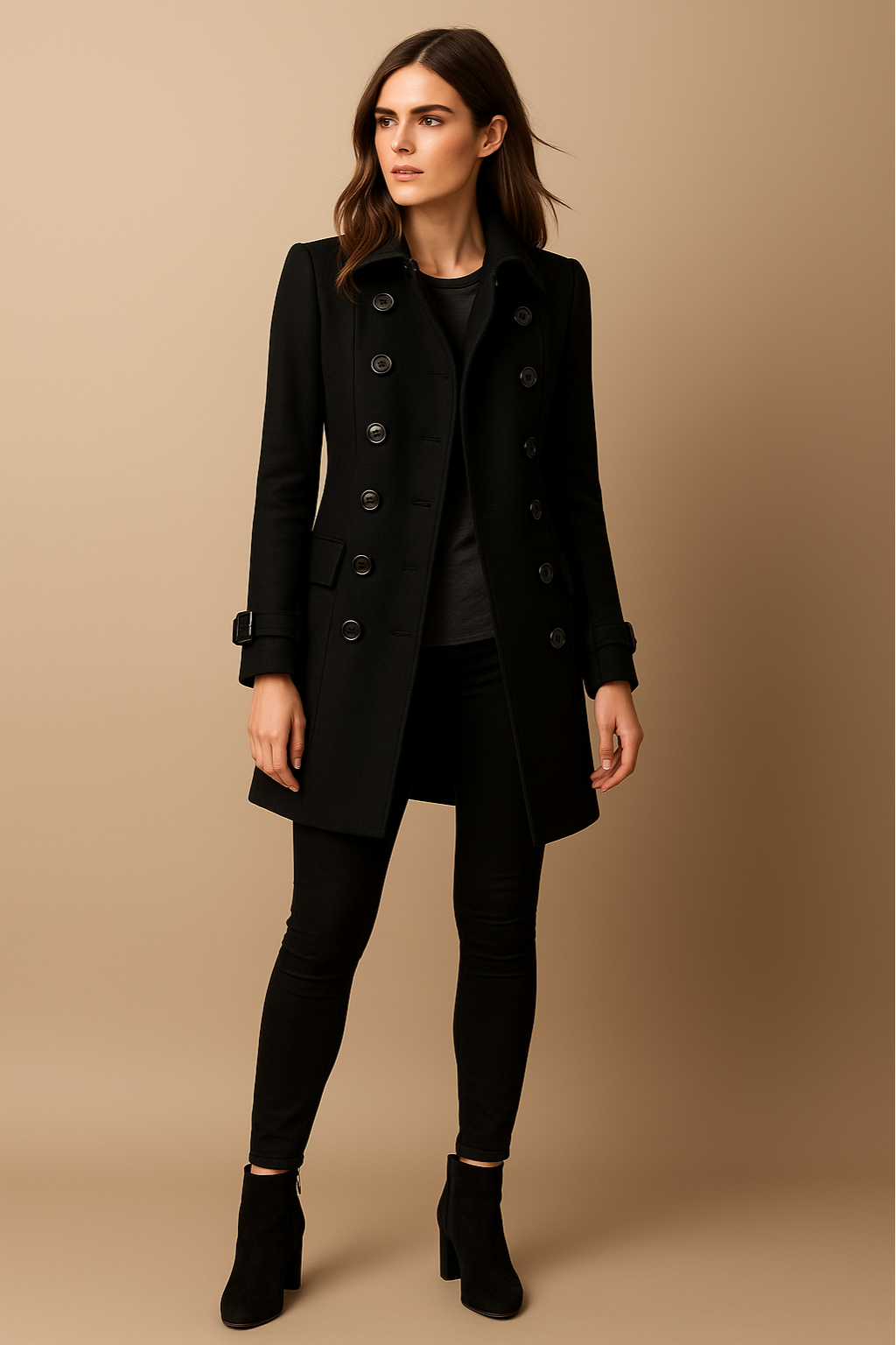 Women’s Long Coat – Double-Breasted, Mid-Length, Classic Collar