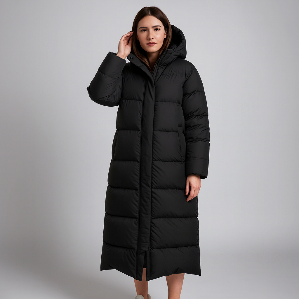 Women’s Long Hooded Puffer Coat – Maxi, Water-Resistant & Warm