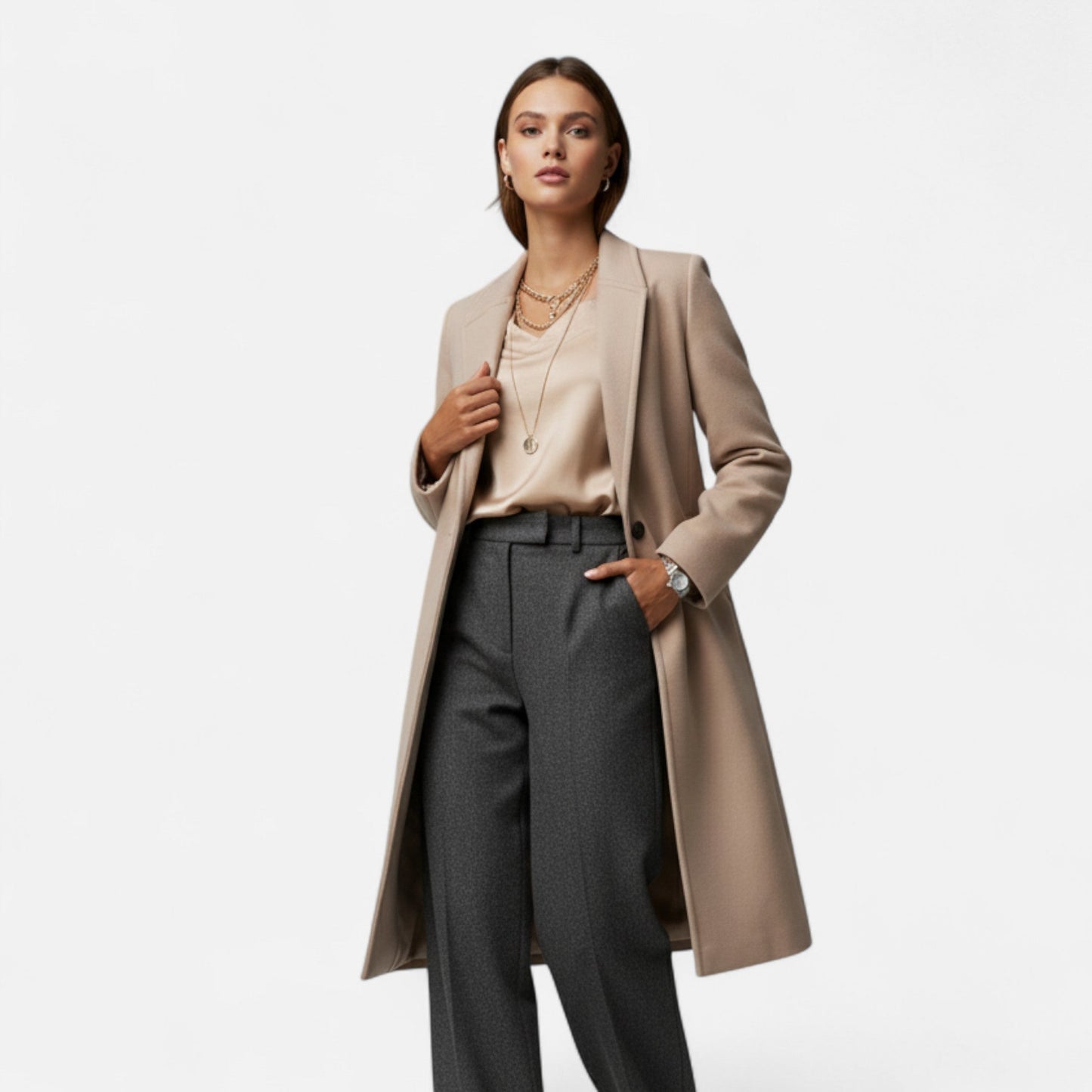Women’s Long Lapel Winter Overcoat – Timeless Tailored Elegance